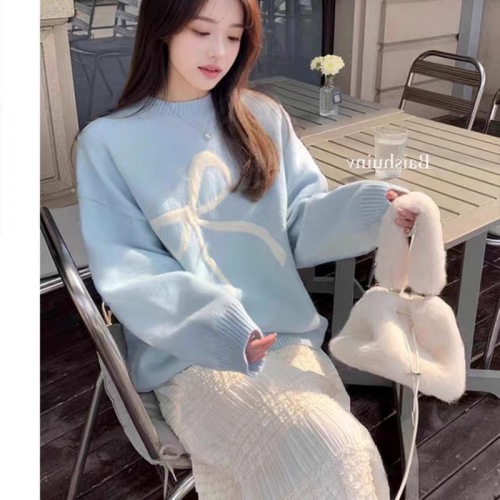 Soft waxy bow sweater for women in autumn and winter Korean style pullover round neck versatile loose lazy style knitted sweater top
