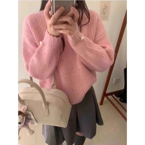 Heavy industry, high-end and super good-looking lake blue sequined beaded knitted sweater jacket for women 2024 new autumn and winter