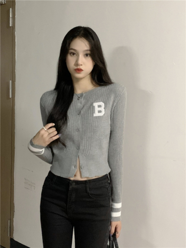 Round neck contrast letter embroidered long sleeve knitted cardigan jacket for women