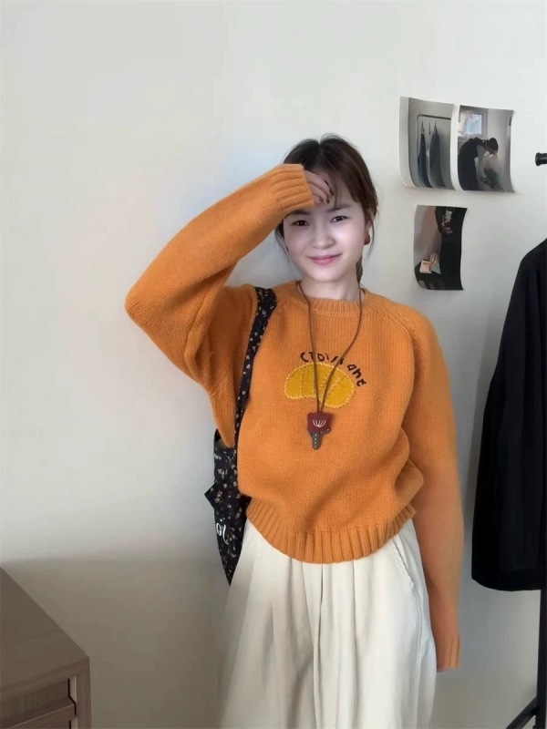 Korean round neck cartoon pattern embroidered pullover sweater for women 2024 autumn and winter new loose and sweet sweater top