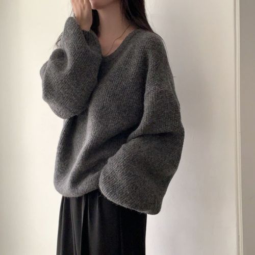 Large size Korean chic autumn and winter thick woolen lazy loose pullover V-neck solid color sand needle dark pattern knitted sweater