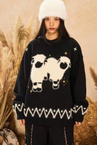 Black lamb round neck pullover sweater for women in autumn and winter loose thickened outer wear lazy style knitted top