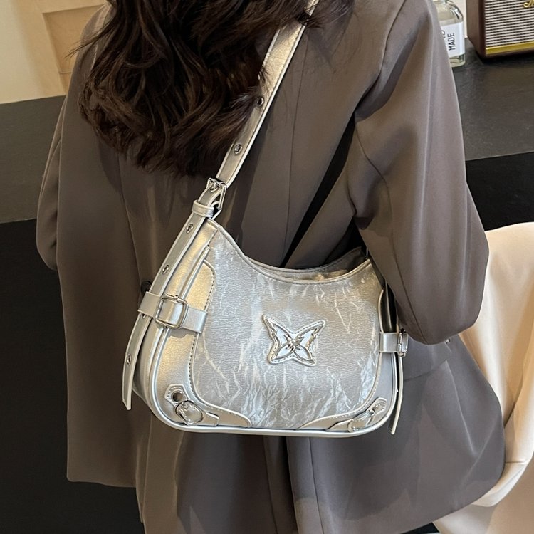 Niche Retro Butterfly Contrast Color Motorcycle Underarm Bag Women's 2024 New American Sweet Cool Hot Girl Single Shoulder Crossbody Bag