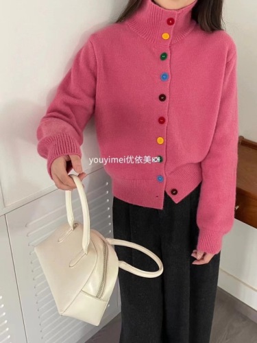 Lazy style high collar rainbow button long sleeve knitted sweater for women new winter design loose thickened warm top