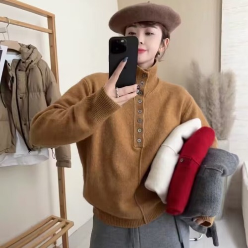 Korean simple and gentle style half-open button sweater for women in autumn and winter new solid color inner wear long-sleeved sweater
