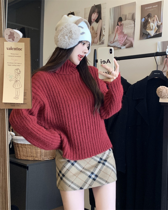 New winter style loose and versatile turtleneck lazy style knitted soft waxy bottoming sweater
