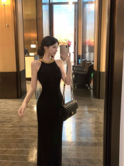 New women's style ladylike style metal chain halter-neck slim fit hip-hugging dress