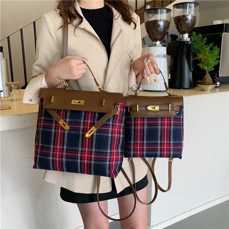 Contrast color plaid women's bag new retro college backpack large capacity portable commuter bag British style shoulder bag