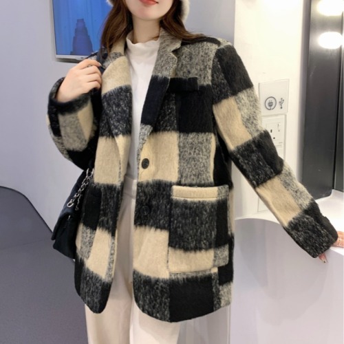 Korean plaid woolen blazer women's autumn and winter mid-length Hepburn style loose temperament thickened woolen coat