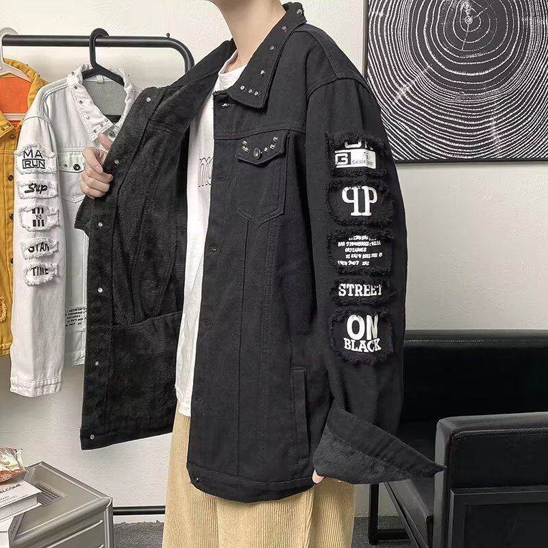 Lamb wool plus velvet thickened denim cotton coat men's trendy casual cotton coat handsome