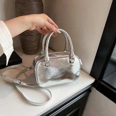 Silver bowling bag for women 2024 new trendy simple versatile handbag small square bag crossbody shoulder bag