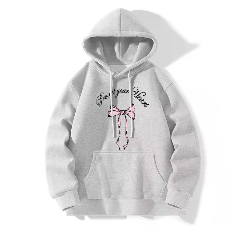 Chinese cotton composite American style plus velvet all-match hooded sweatshirt for men and women bow printed thin printed couple tops