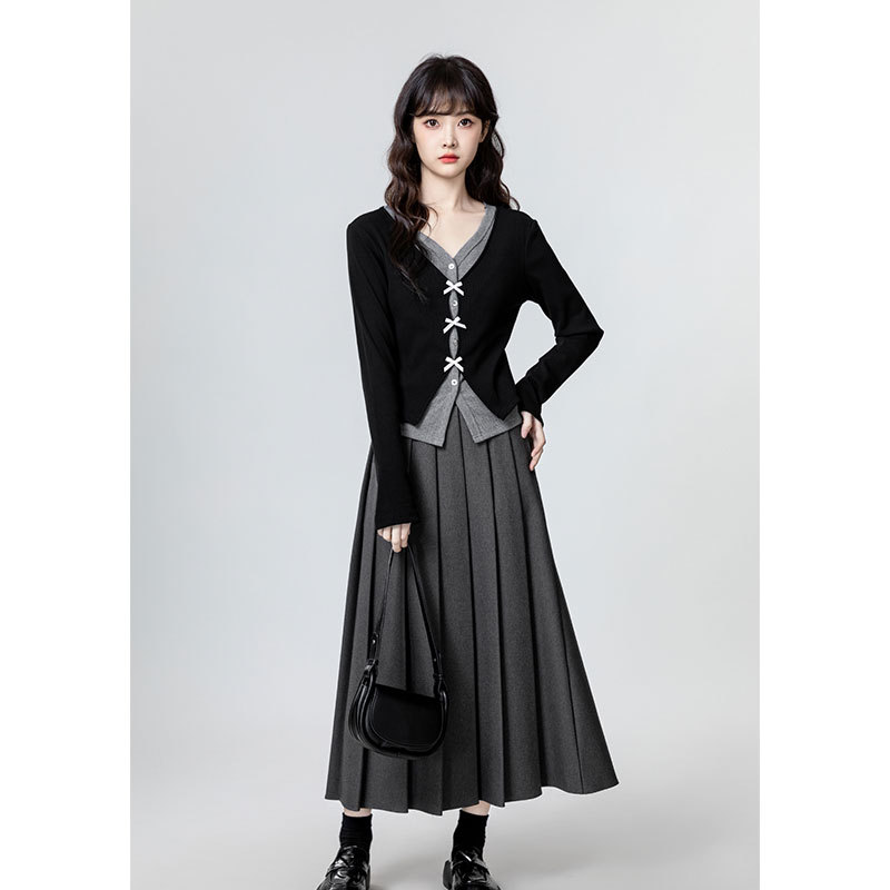 Suit women's French short style new bow design light luxury high-end fake two-piece long-sleeved top two-piece set for women