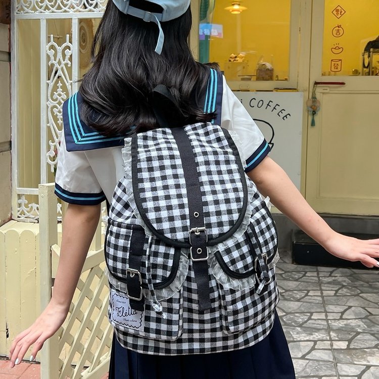 Korean niche black and white plaid lace backpack large capacity ballet style college pocket Japanese school bag backpack
