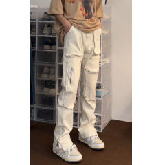 Spring and summer new overalls logging pants pocket zipper functional pants jeans