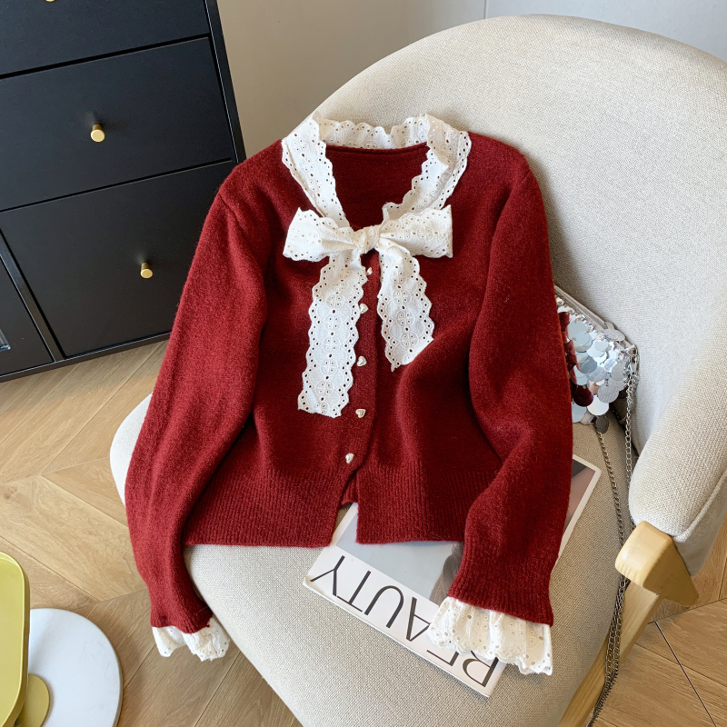Bow New Year Red Sweater Cardigan Women's Autumn and Winter High-Quality Short Style Knitted Top