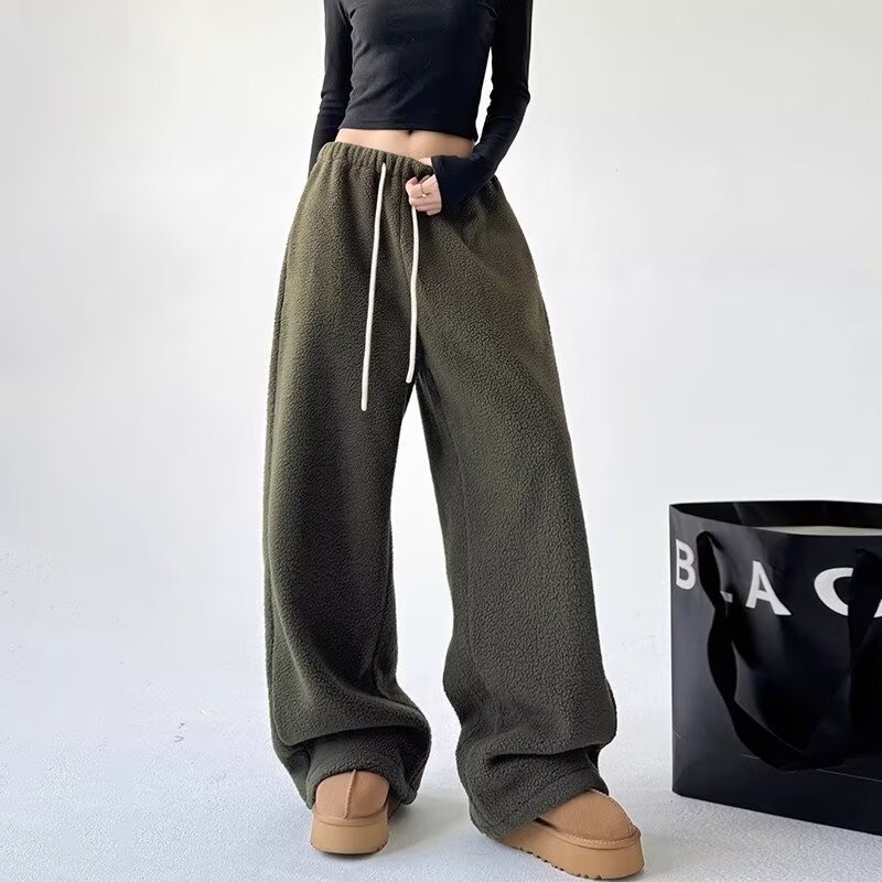 Korean chic velvet thickened sweatpants for women winter new high-waisted straight loose drawstring warm wide-leg long pants
