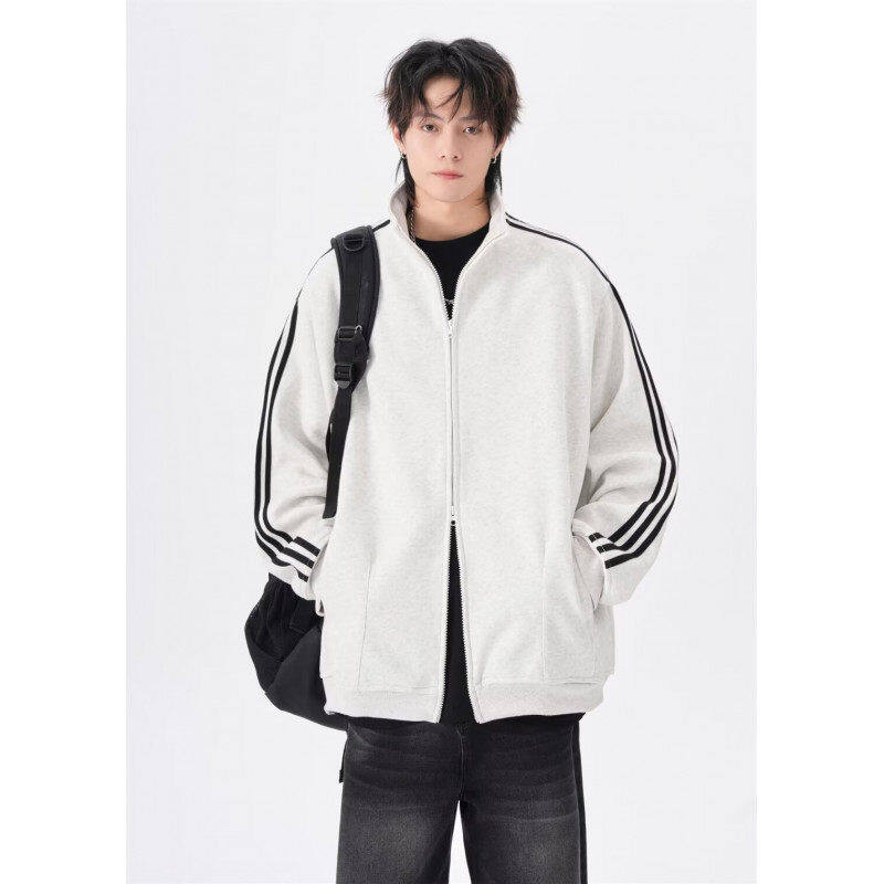 American Striped Stand Collar Jacket Three Stripes Loose Casual Sports Top Same Style for Men and Women
