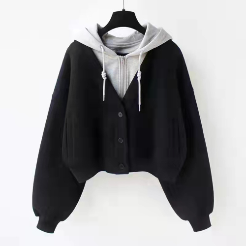 Hooded fake two-piece short sweatshirt for women Korean style stitching design niche cardigan jacket for small people