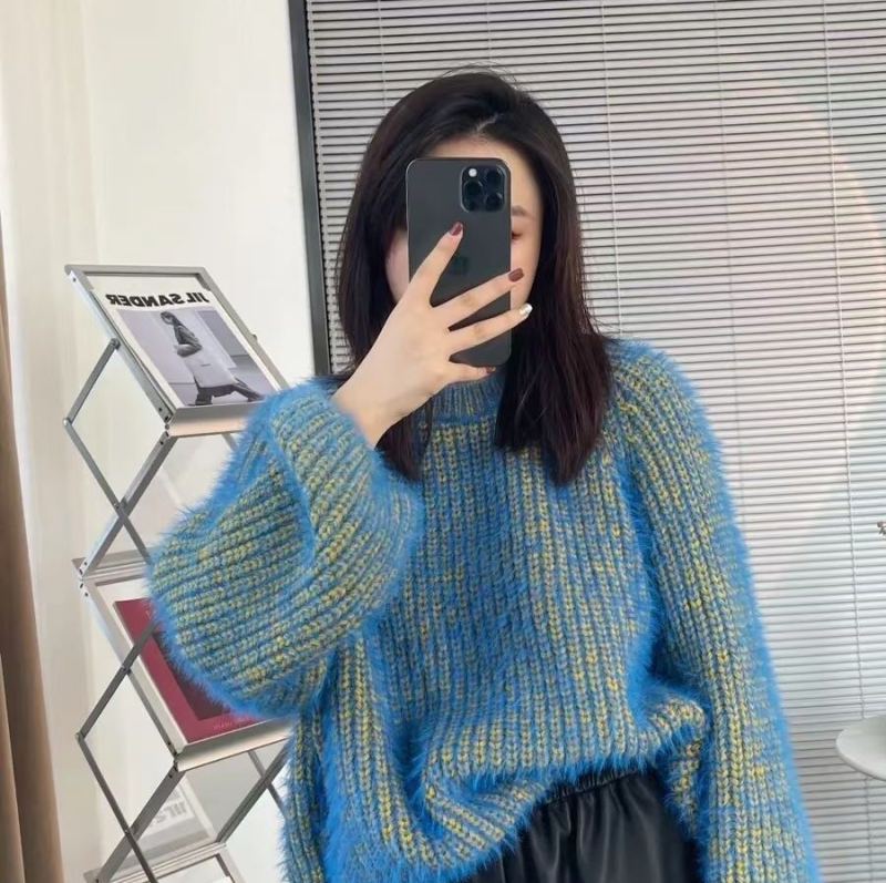 Sweater Women's Loose Fashionable Outerwear Pullover Contrast Color Lazy Style Thickened Sweater