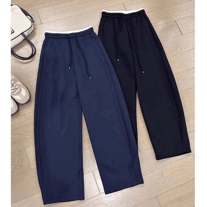 Korean chic pure cotton three-dimensional waist autumn and winter plus velvet contrasting color scimitar wide-leg pants pear-shaped figure floor-length pants and sweatpants