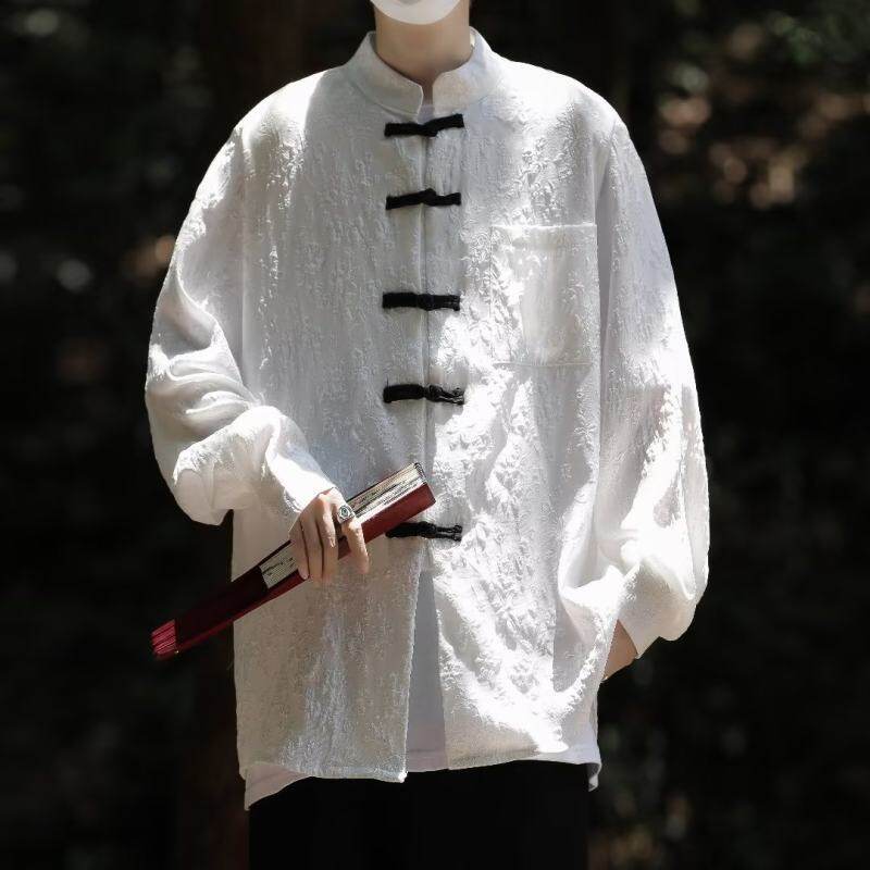 Summer new new Chinese style stand collar shirt men's loose button