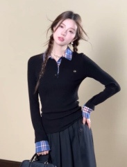 Sweet and cool POLO collar plaid splicing long-sleeved T-shirt for women with slim fit fake two-piece trendy tops