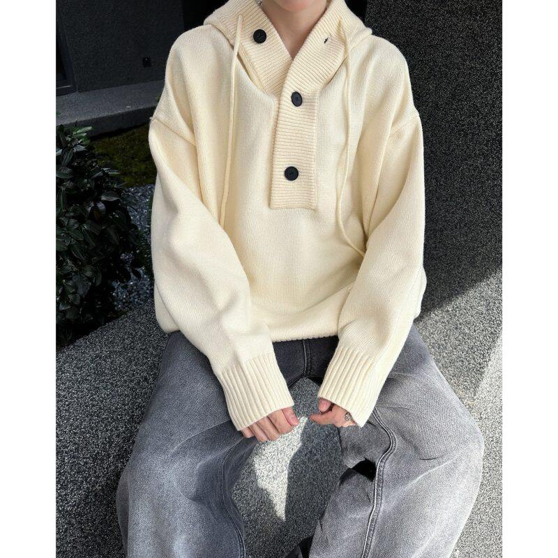 Half cardigan hooded sweater men's autumn and winter loose casual pullover sweater top