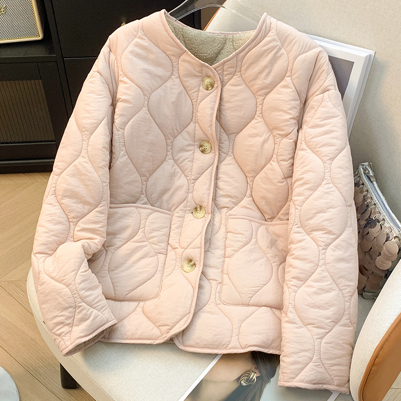 Pink lambswool cotton coat winter new Korean style thickened round neck lambswool lining jacket