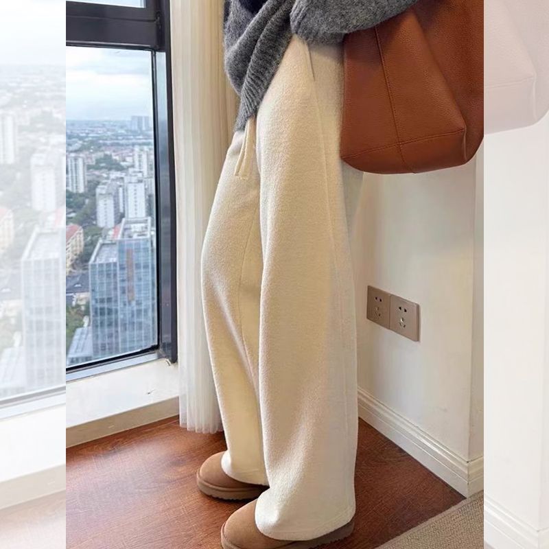 Three-dimensional waistband, off-white slimming high-waist casual wide-leg pants, high-end soft waxy towel long pants for women