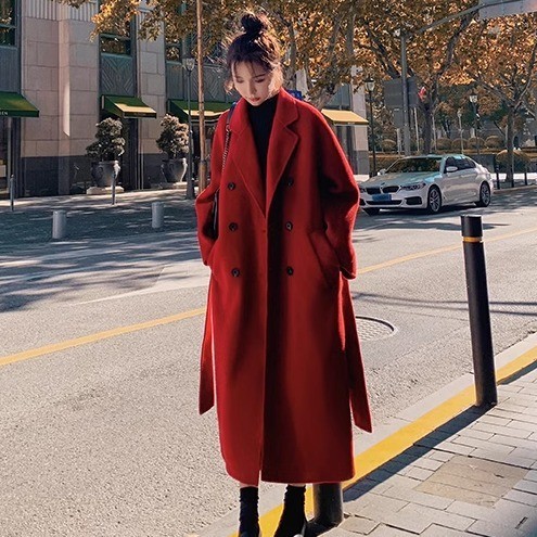 Ankora red woolen coat for women autumn and winter mid-length cotton and thickened new style high-end woolen coat