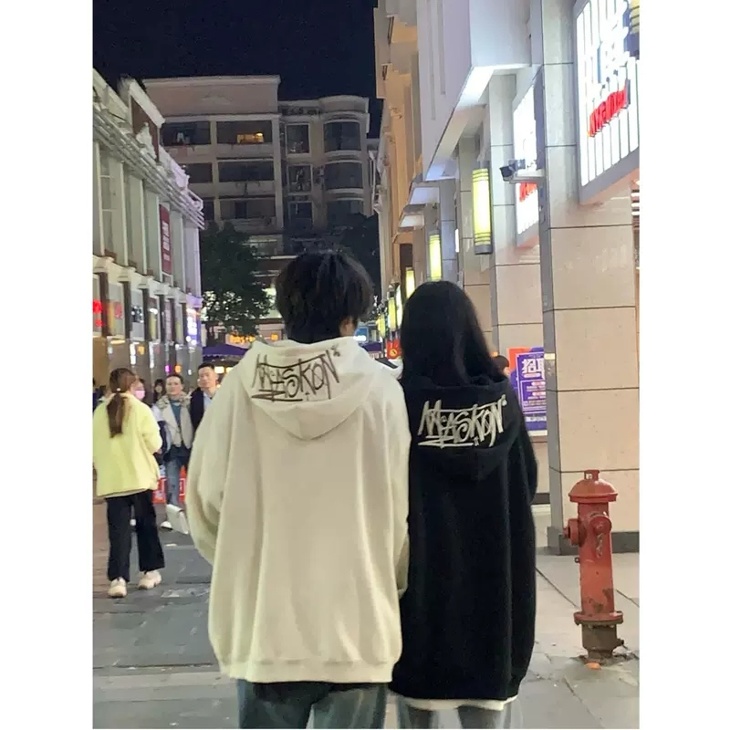 Korean chic autumn new style American style oversize couple wear embroidered pullover hooded jacket sweatshirt for women