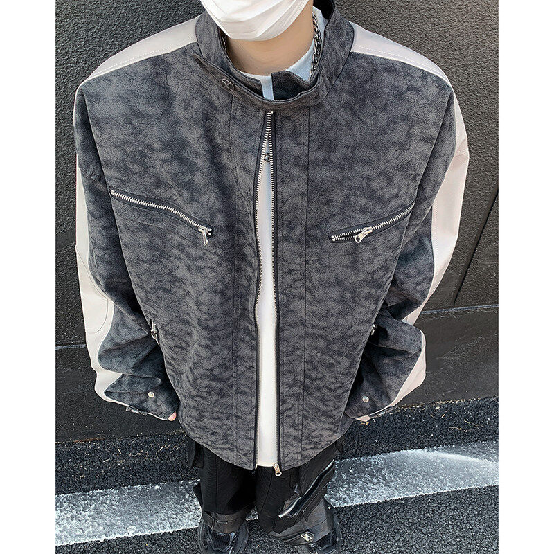 Autumn new Hong Kong style American texture distressed PU leather stitching embroidered stand collar jacket