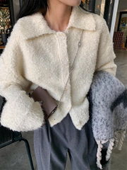 Autumn and winter thickened polo collar knitted cardigan women's short style fashionable sweater jacket for small people