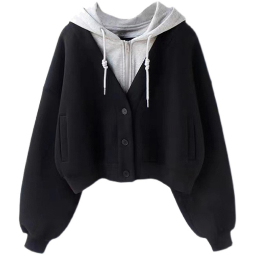 Hooded fake two-piece short sweatshirt for women Korean style stitching design niche cardigan jacket for small people