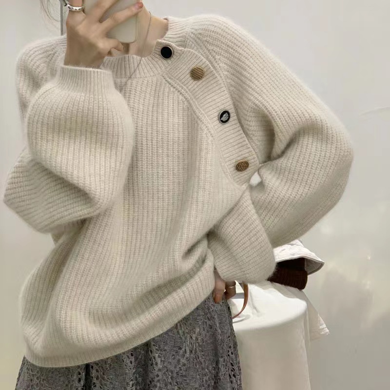 This year's popular sweater for women in autumn and winter new style lazy style oblique button retro forest style pullover sweater for women