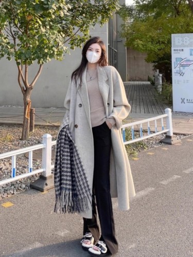 Off-season woolen coat for women, autumn and winter mid-length knee-length oatmeal color Korean style high-end woolen coat