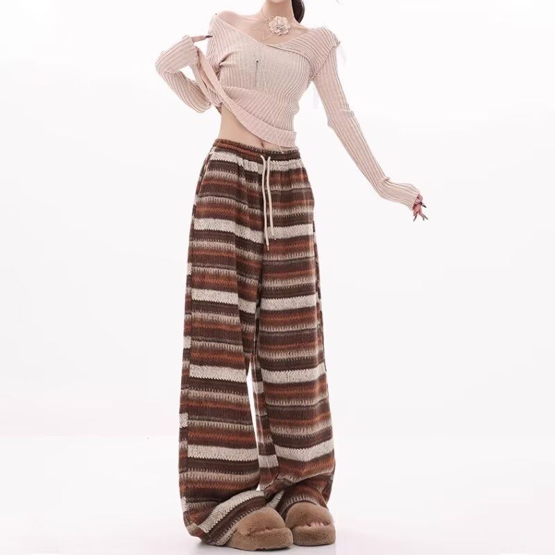 Korean chic striped thickened woolen wide-leg pants for women in autumn and winter new style loose slimming lazy style straight casual pants