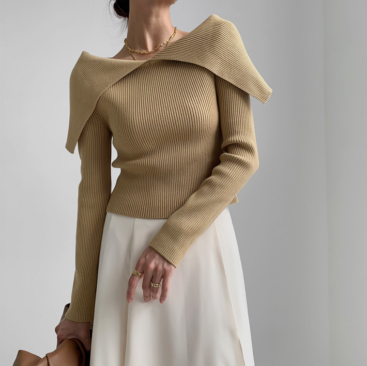Korean ins early autumn new temperament lapel long-sleeved slimming sweater
