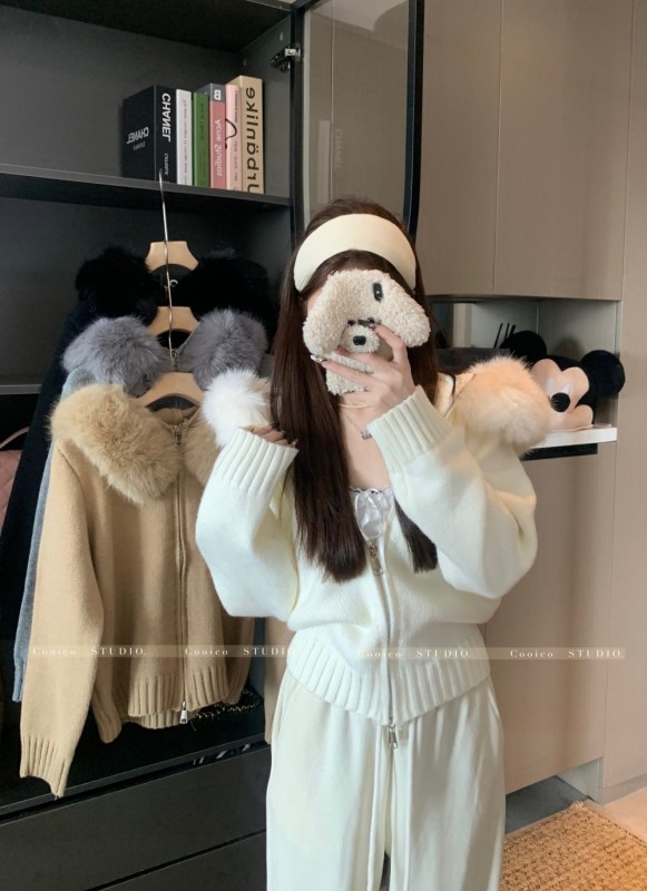 Knitted zipper cardigan detachable fur collar long-sleeved atmospheric sweater jacket top