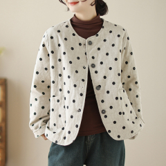 Autumn and winter Japanese fashion retro loose casual temperament versatile linen polka dot printed thin cotton jacket