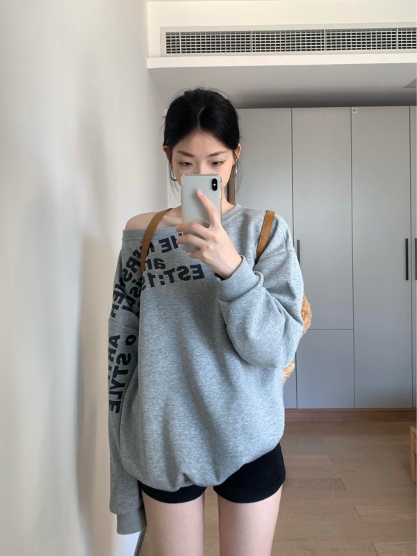 American style sloping shoulder letter long sleeve sweatshirt