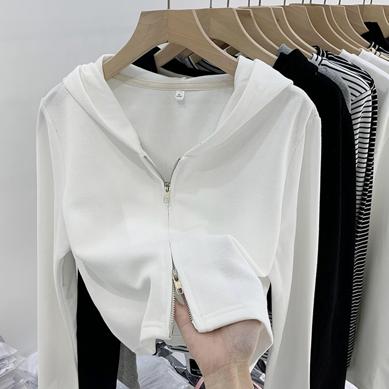 New cardigan for women, Korean version, slim design, hooded, double zipper, short, simple, niche, versatile jacket, trendy