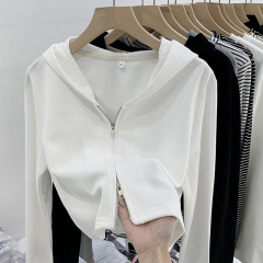 New cardigan for women, Korean version, slim design, hooded, double zipper, short, simple, niche, versatile jacket, trendy