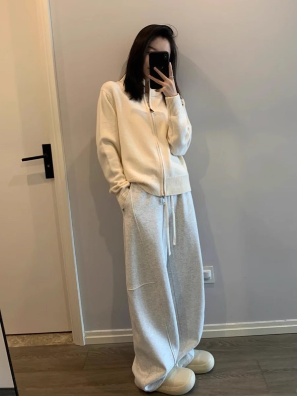 Pure cotton plus velvet sports wide-leg trousers for women in autumn and winter new style small straight loose casual sweatpants trendy