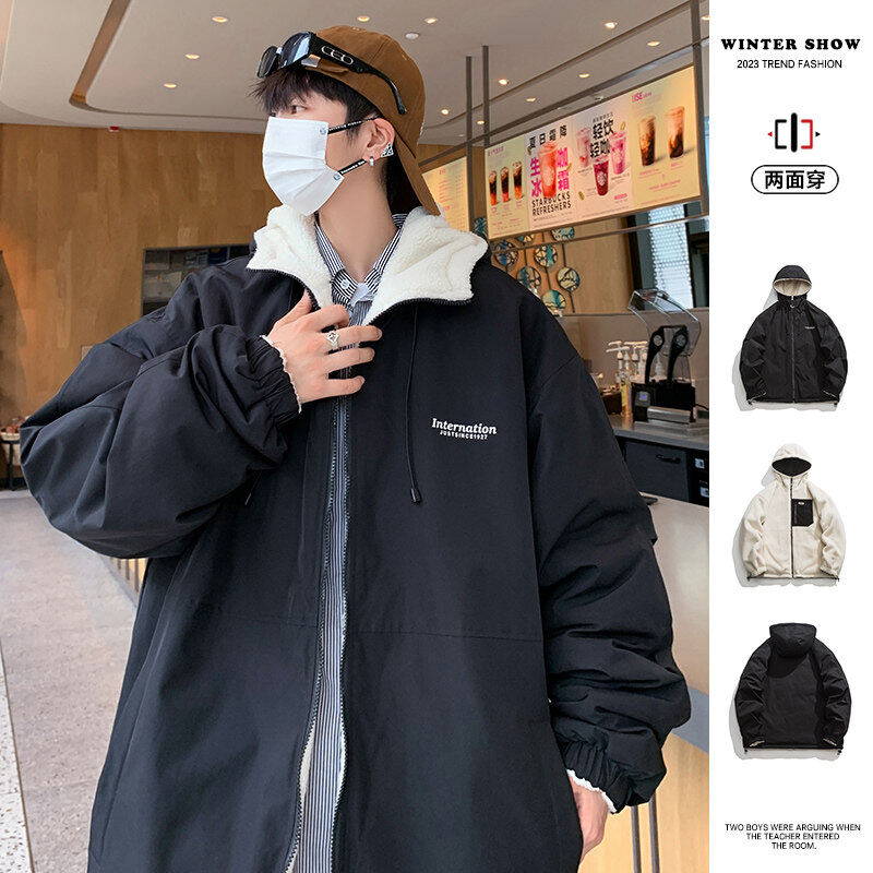 New winter lamb velvet thickened cotton coat double-sided Hong Kong style loose hooded fashionable and versatile