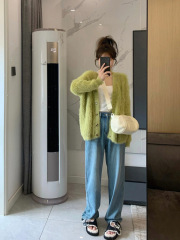 Imitation mink soft, waxy and furry, lazy and gentle green loose sweater cardigan + jeans set