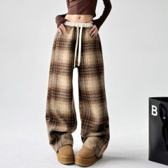 Korean chic woolen plaid trousers for women in autumn and winter new high-waisted straight loose lazy floor mopping casual pants trendy