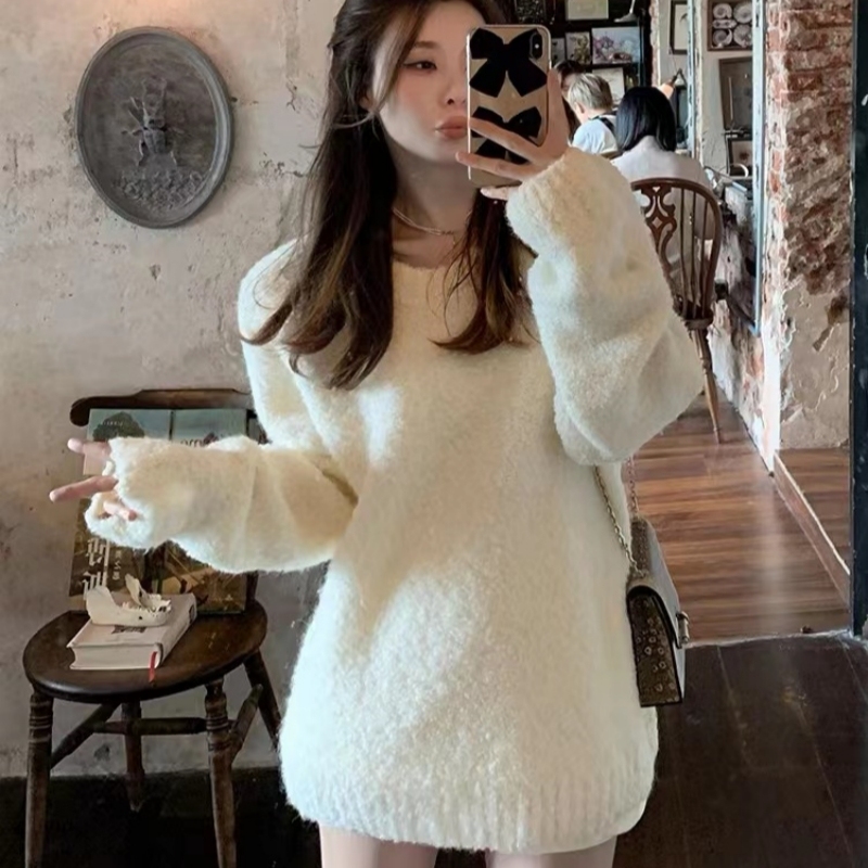 Milky white salt terry velvet, warm, soft and waxy, loose big sweater, sweater for women, thickened, lazy style, autumn and winter