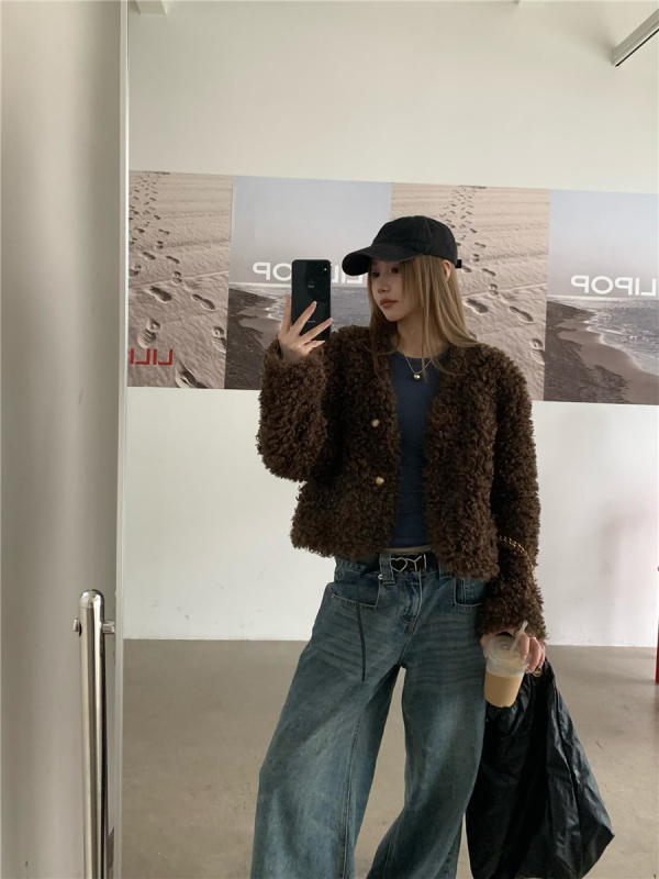 High quality teddy bear looped short fur all-in-one warm lambswool jacket for women